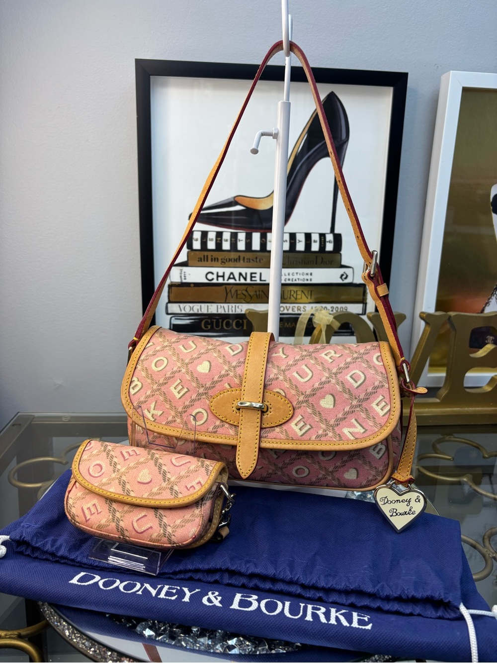 Dooney & Bourke Y2K Crossword Heart baguette shoulder bag w/matching coin pouch